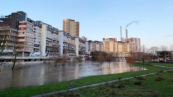 Wiesen neben dem Ihme-Zentrum in Hannover sind bei Hochwasser überschwemmt. © NDR Foto: Julia Henke