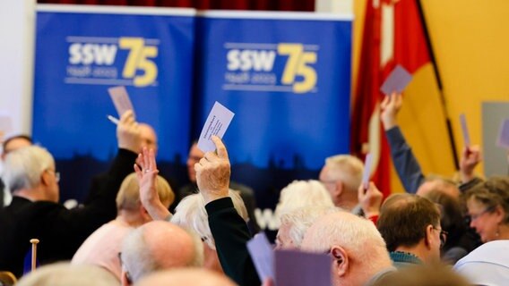 Parteimitglieder des Südschleswigschen Wählerverbandes stimmen während eines Landesparteitags ab. © dpa-Bildfunk Foto: Frank Molter