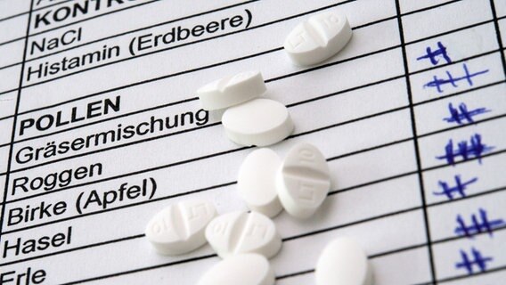 Allergie-Tabletten liegen auf einer Liste, die einen ausgewerteten Prick-Test zeigt. © picture alliance / dpa Themendienst | Andrea Warnecke Foto: Andrea Warnecke